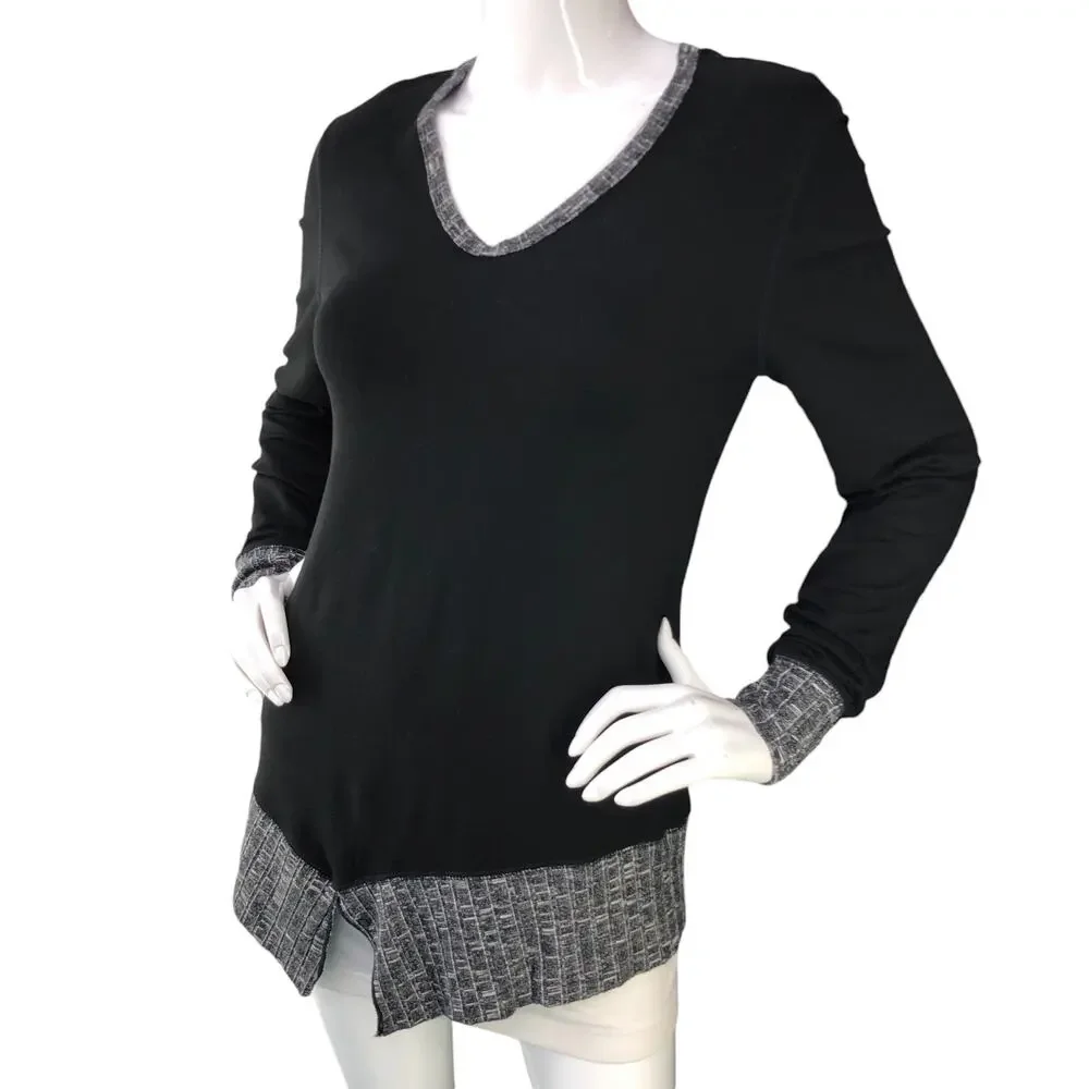 Pete Collection Womens Size M V-Neck 3/4 Sleeve Rib Trim Tunic Black Grey USA